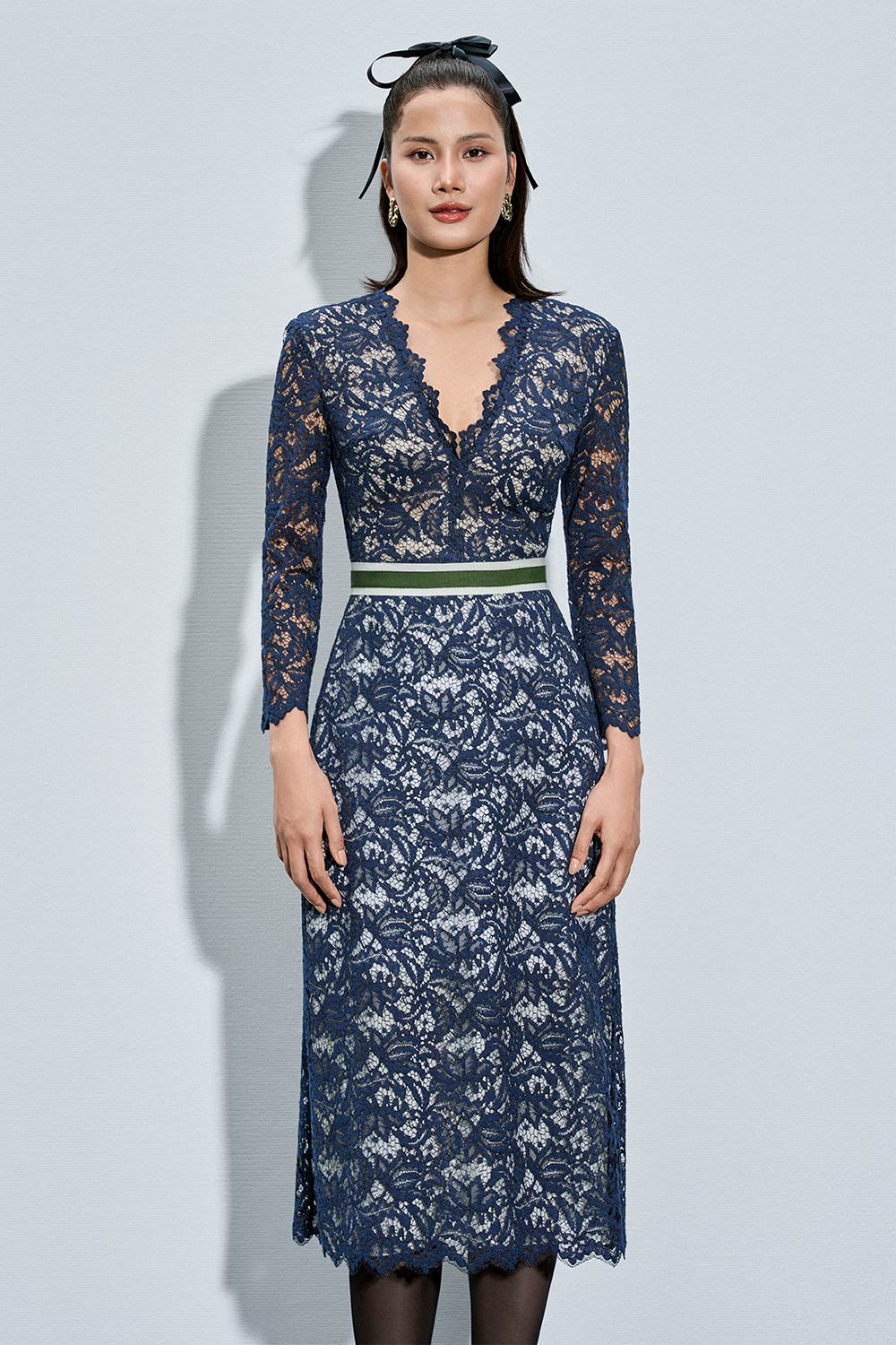 Rhea Sheath Plunge Neck Lace Calf Length Dress