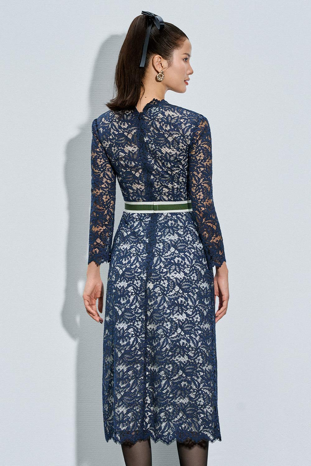 Rhea Sheath Plunge Neck Lace Calf Length Dress