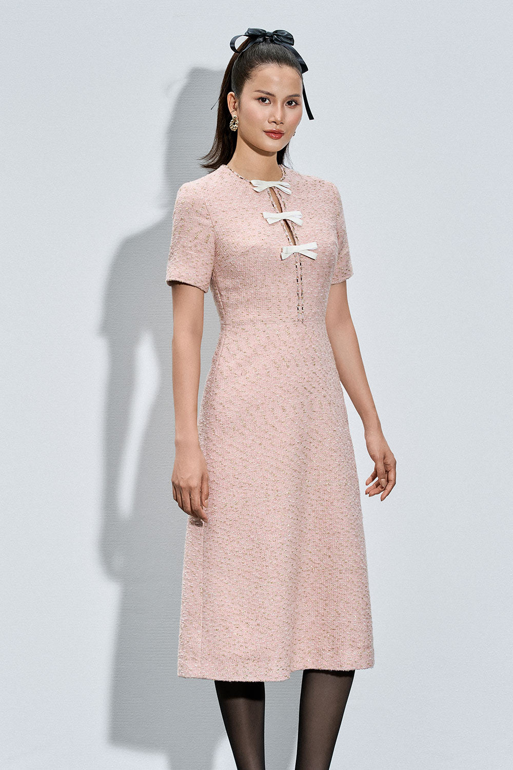 Women's Mariah A-line Henley Neck Tweed Calf Length Dress XS/S/M/L/Customize Pink Beige MEAN BLVD, Pink Beige / XS
