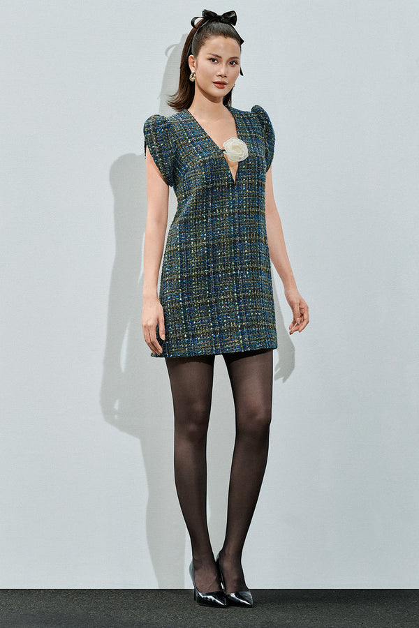 Paris Straight Puffy Sleeved Tweed Mini Dress