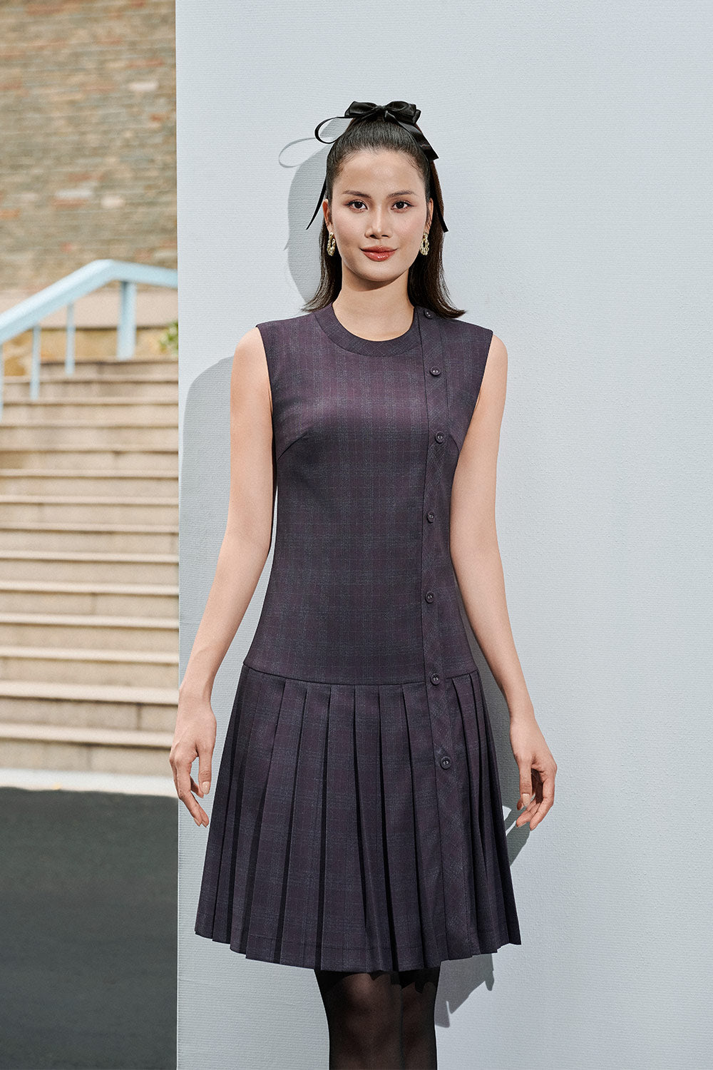 green emerald velvet dress Women's Haylee Drop Waist Knife-Pleated Cotton Poplin Mini Dress XS/S/M/L/Customize Plum Tartan Mean Blvd L / Plum / Tartan