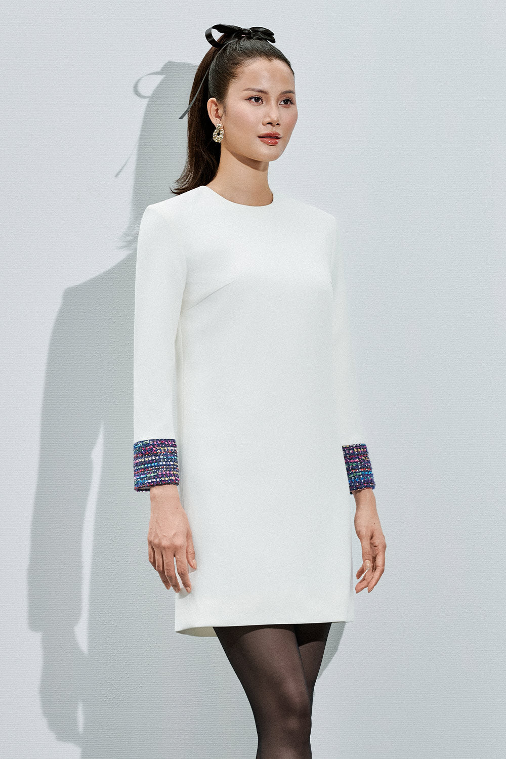 Raina Straight Cuff Sleeved Cotton Tweed Mini Dress