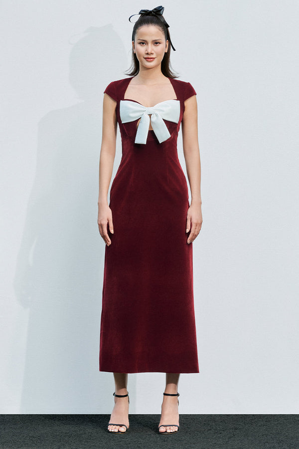 Madelyn A-line Queen Anne Neck Velvet Midi Dress