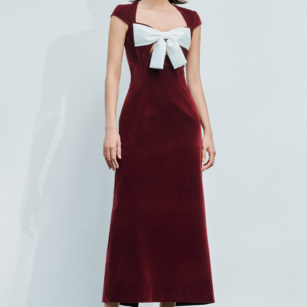 Madelyn A-line Queen Anne Neck Velvet Midi Dress