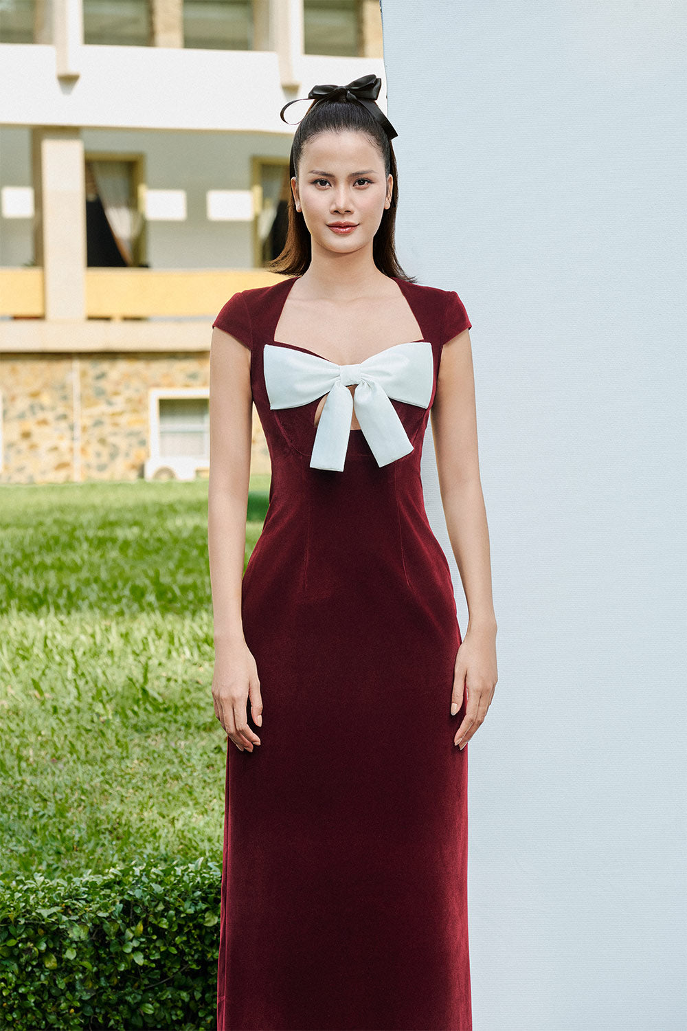 Madelyn A-line Queen Anne Neck Velvet Midi Dress