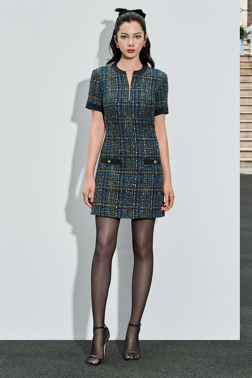 Alisson A-line Slit Neck Tweed Mini Dress