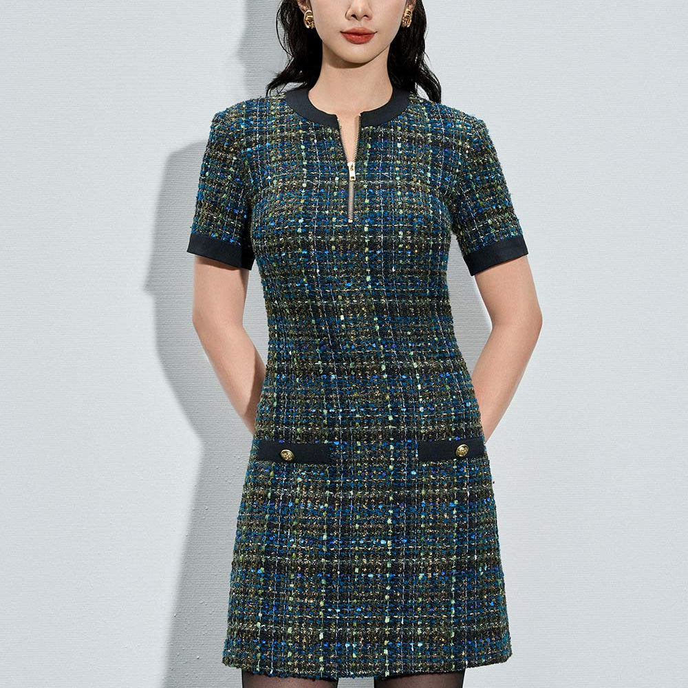 Alisson A-line Slit Neck Tweed Mini Dress