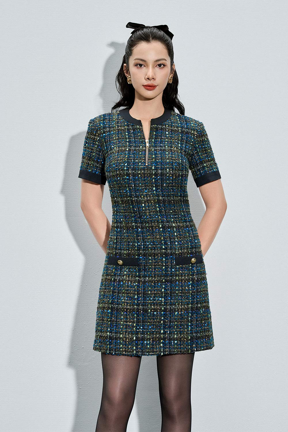 Alisson A-line Slit Neck Tweed Mini Dress