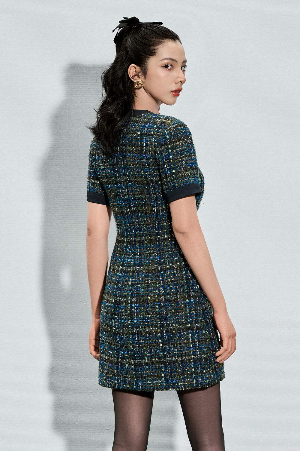 Alisson A-line Slit Neck Tweed Mini Dress