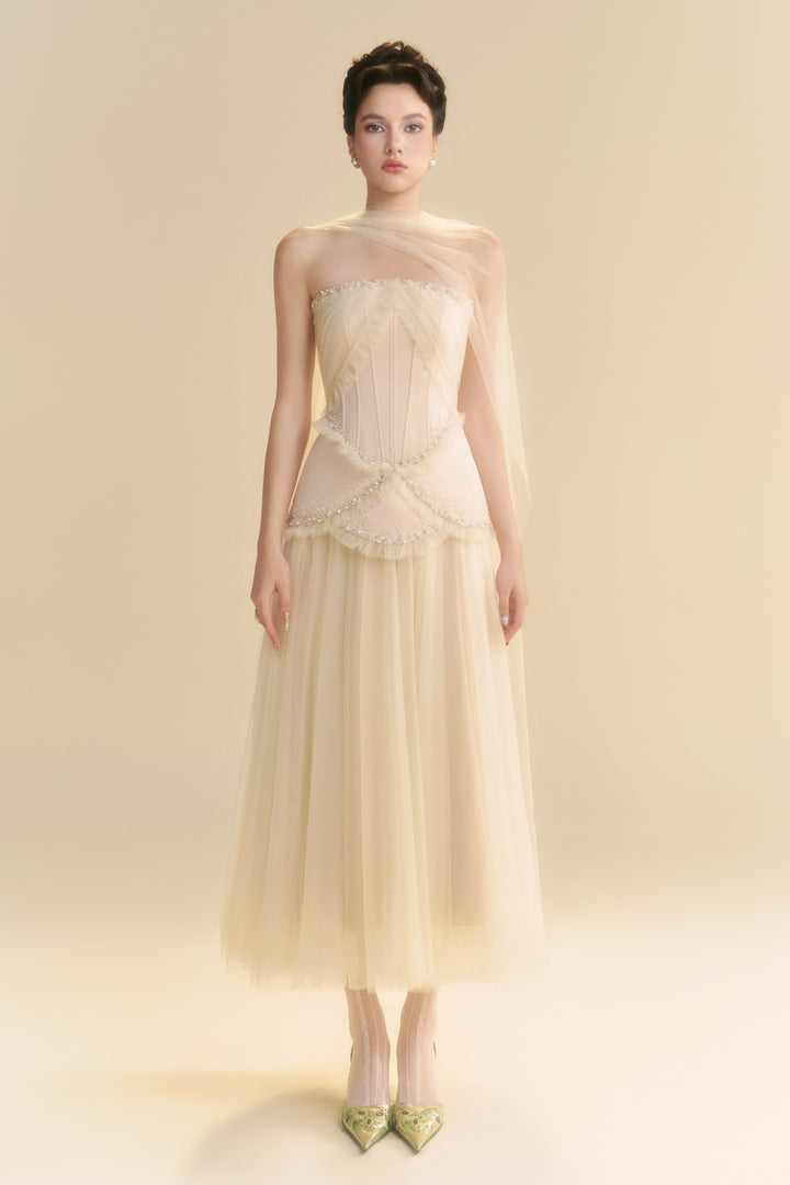 Fayenna Asymmetric Neck Bead Midi Dress - MEAN BLVD