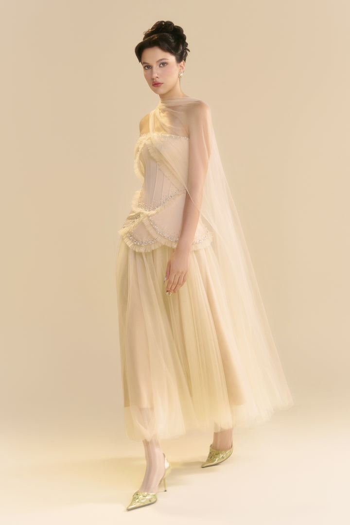 Fayenna Asymmetric Neck Bead Midi Dress - MEAN BLVD