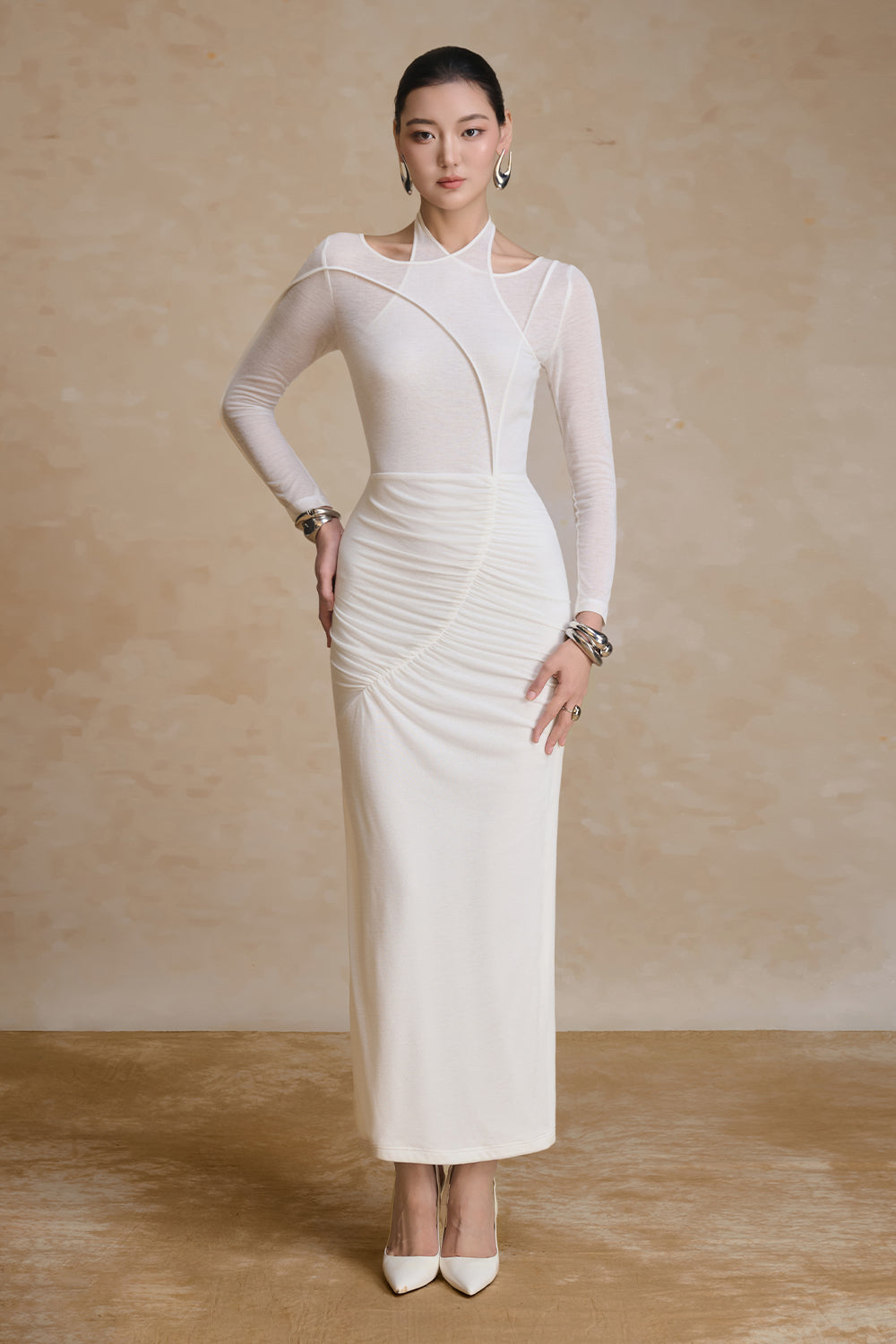 Fiery Asymmetric Neck Gathering Maxi Dress - MEAN BLVD