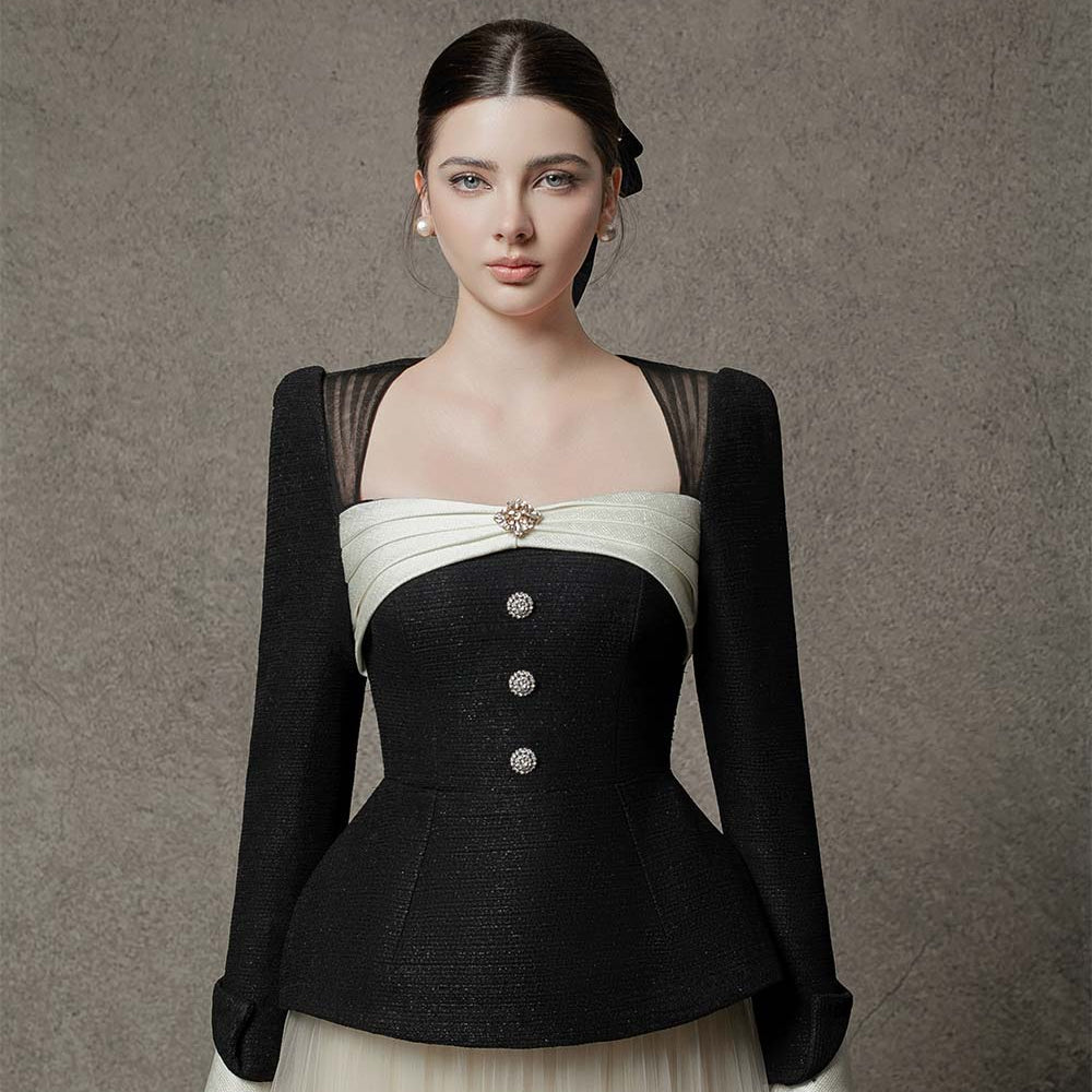 Fiona Peplum Queen Anne Neck Tweed Top