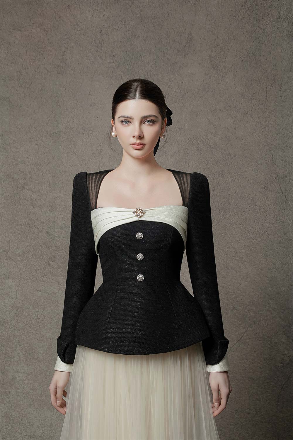 Fiona Peplum Queen Anne Neck Tweed Top