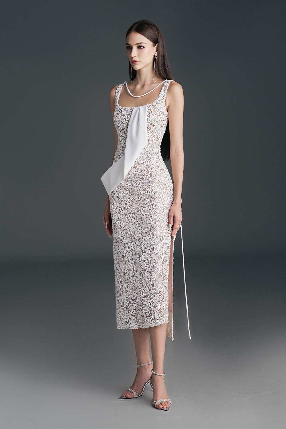 Freya Pencil Ribbon Lace Calf Length Dress