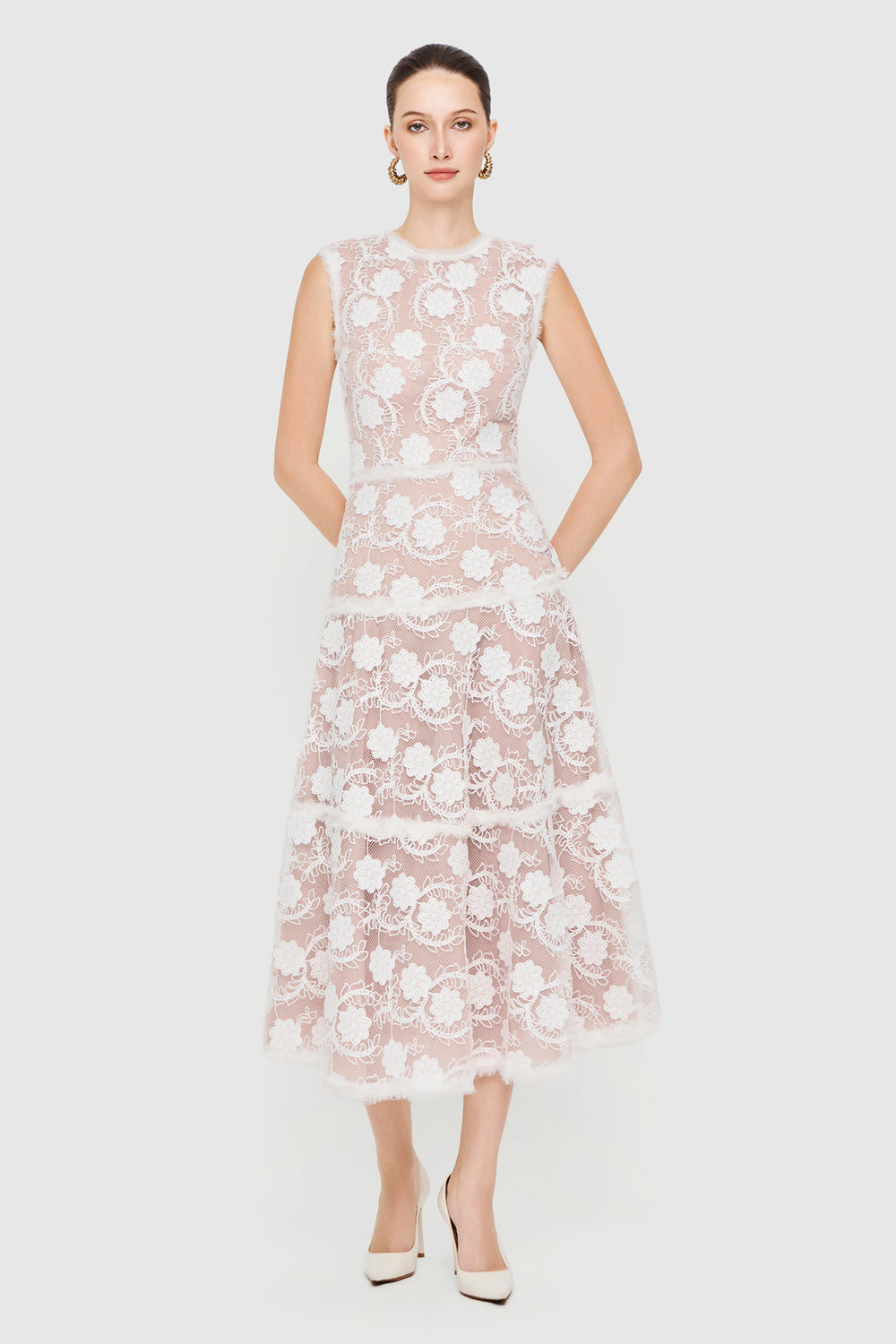 Women's Seraphine Round Neck Lace Midi Dress XS/S/M/L/XL/Customize White & Nude MEAN BLVD Women's Seraphine Round Neck Lace Midi Dress XS/S/M/L/XL/Customize White & Nude MEAN BLVD