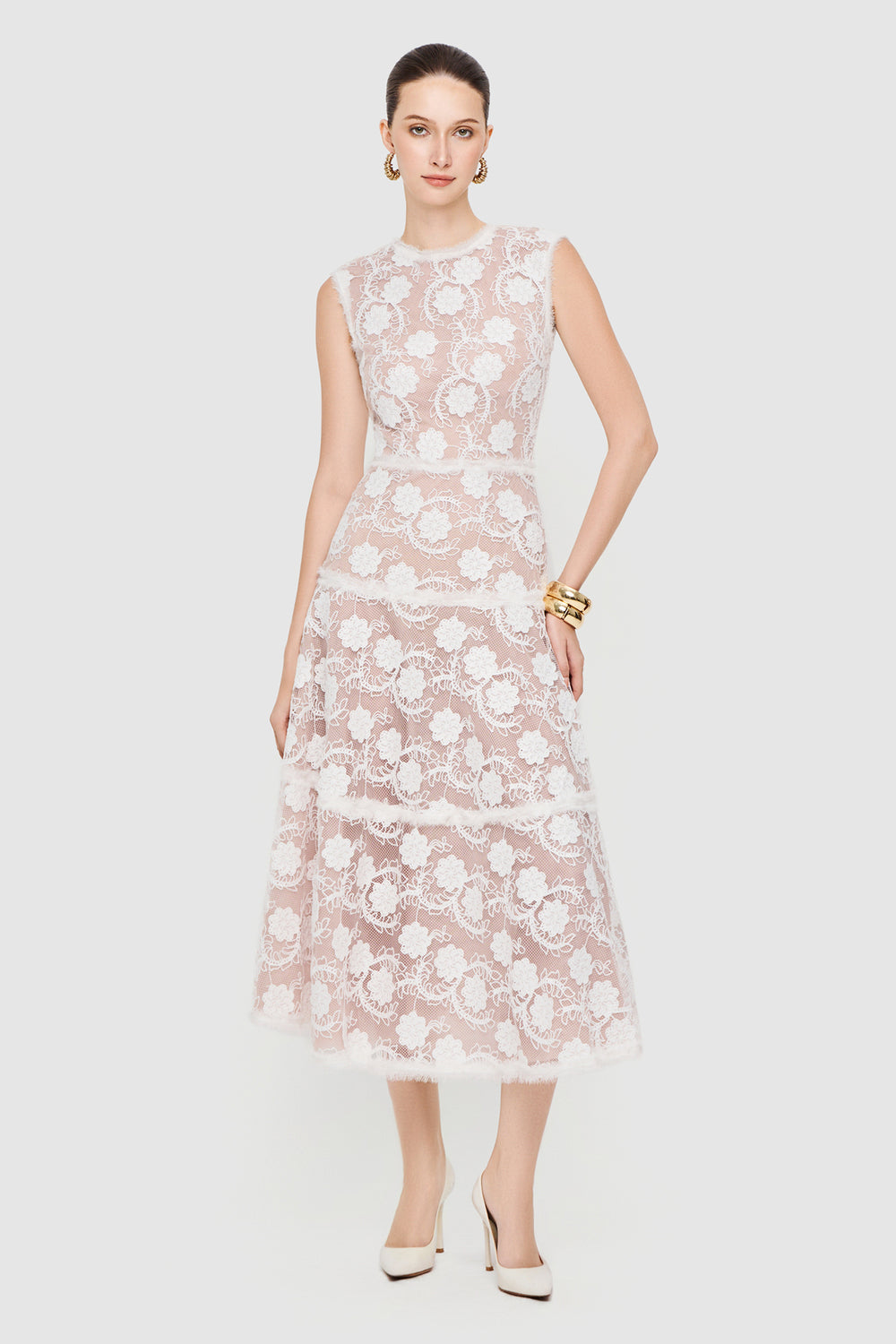 Women's Seraphine Round Neck Lace Midi Dress XS/S/M/L/XL/Customize White & Nude MEAN BLVD Women's Seraphine Round Neck Lace Midi Dress XS/S/M/L/XL/Customize White & Nude MEAN BLVD
