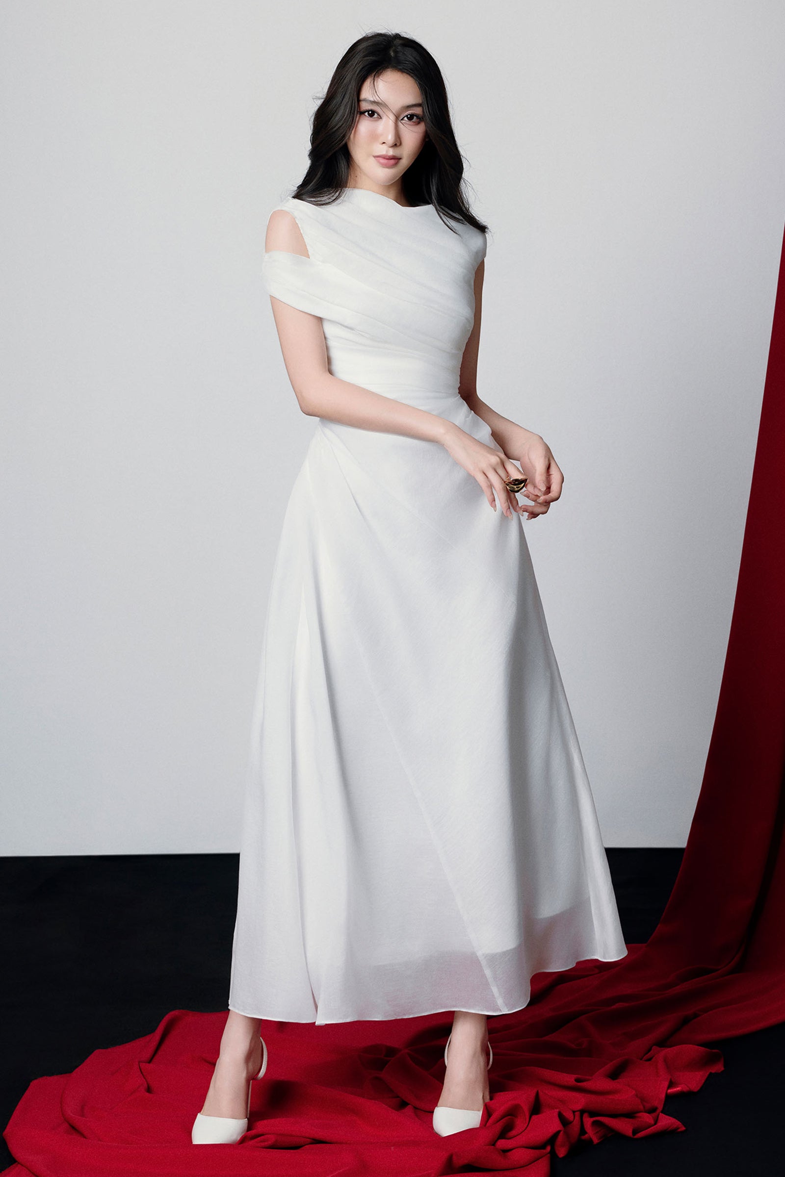 Maia Asymmetric Sleeve Draped Midi Dress