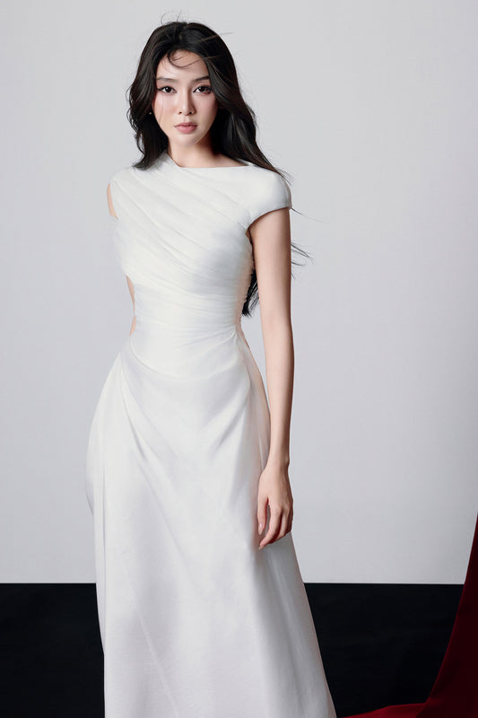 Maia Asymmetric Sleeve Draped Midi Dress