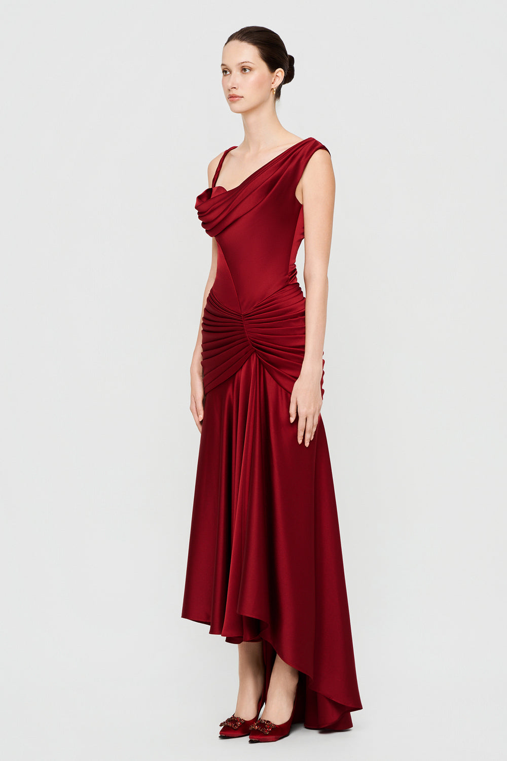 Jersey Sheath Asymmetric Satin Maxi Dress Deep Red / L