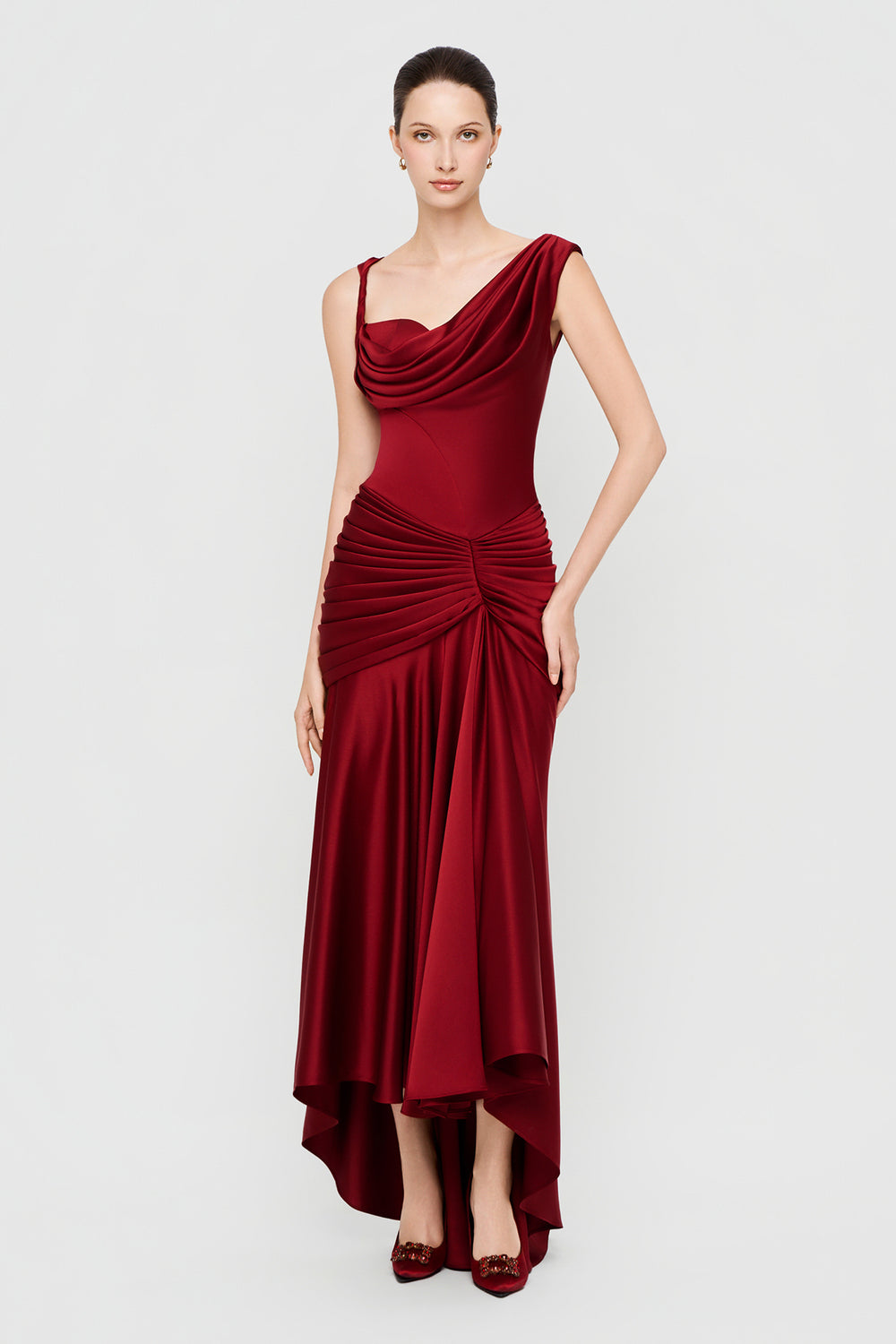 Women's Jersey Sheath Asymmetric Satin Maxi Dress XS/S/M/L/XL/Customize Beige/Deep Red/Rosy Brown MEAN BLVD Deep Red / L Women's Jersey Sheath Asymmetric Satin Maxi Dress XS/S/M/L/XL/Customize Beige/Deep Red/Rosy Brown MEAN BLVD Deep Red / L