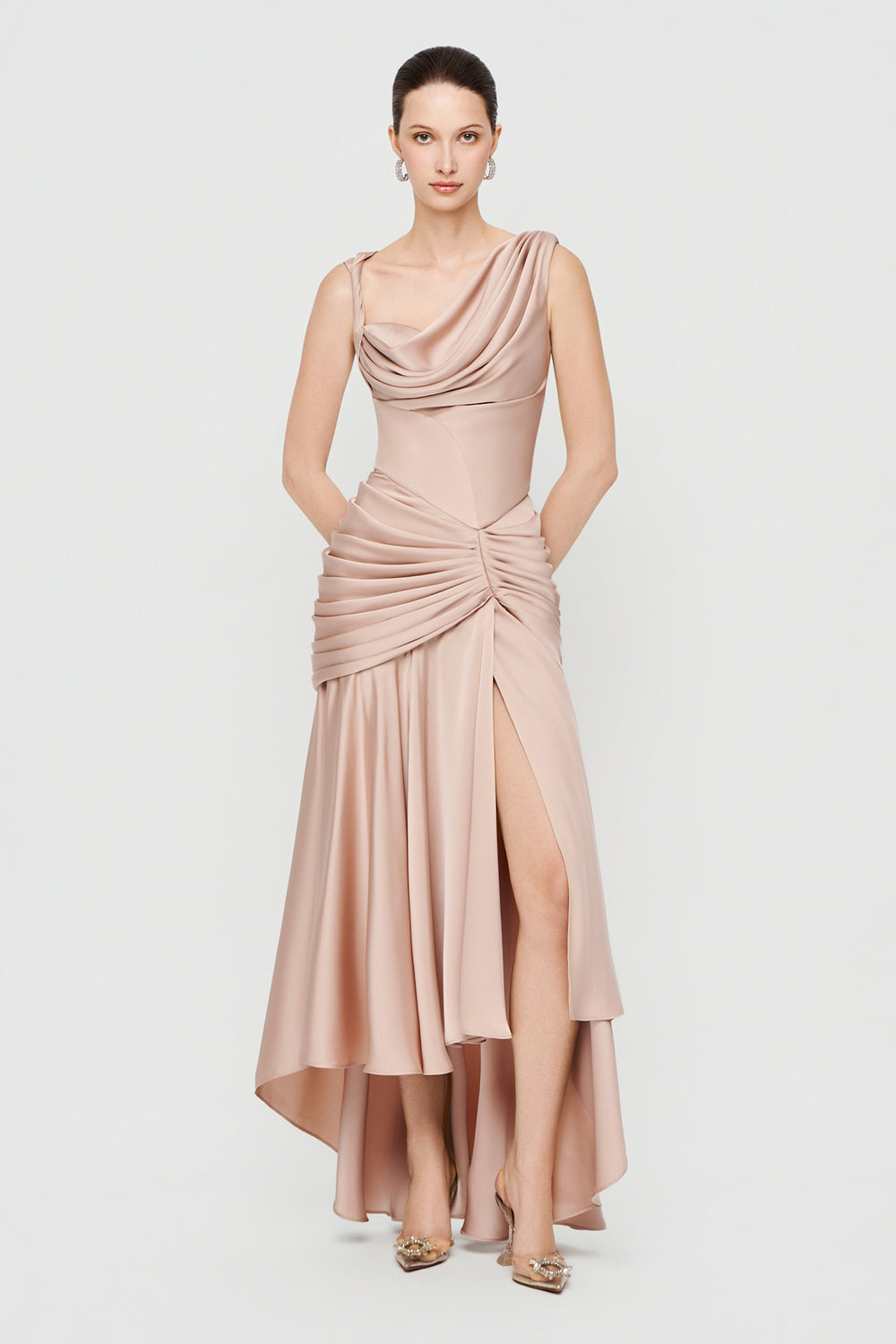 Jersey Sheath Asymmetric Satin Maxi Dress Deep Red / L