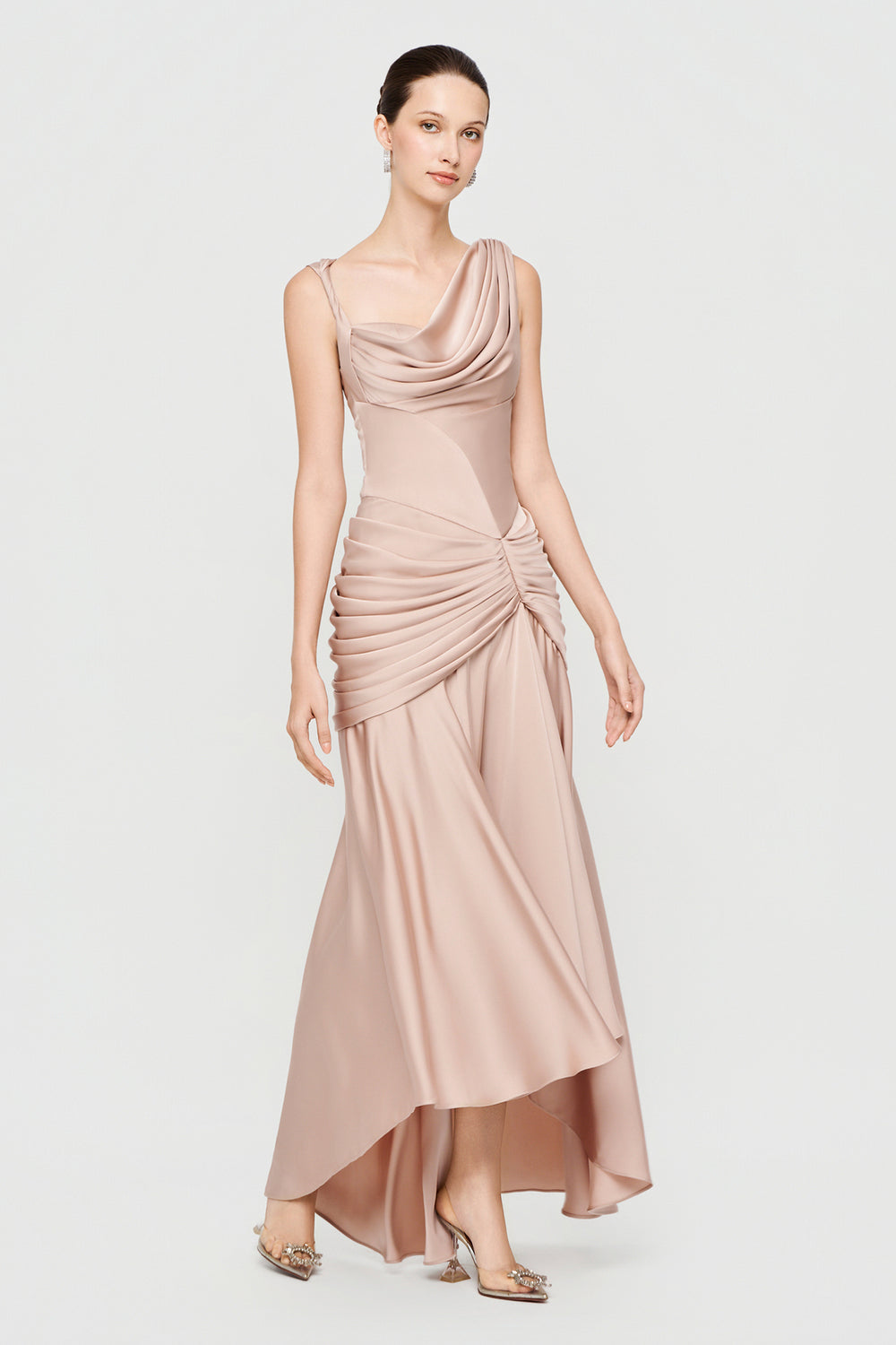 Jersey Sheath Asymmetric Satin Maxi Dress – MEAN BLVD