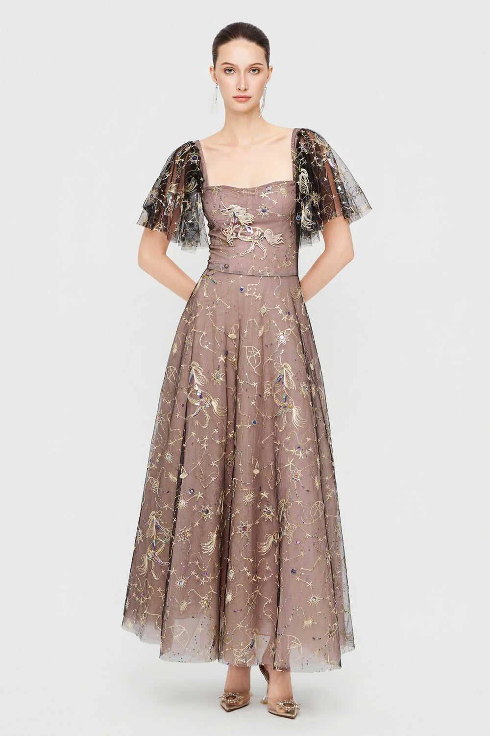 Women's Celeste Butterfly Sleeve Embroidery Maxi Dress XS/S/M/L/XL/Customize Black & Nude MEAN BLVD Women's Celeste Butterfly Sleeve Embroidery Maxi Dress XS/S/M/L/XL/Customize Black & Nude MEAN BLVD