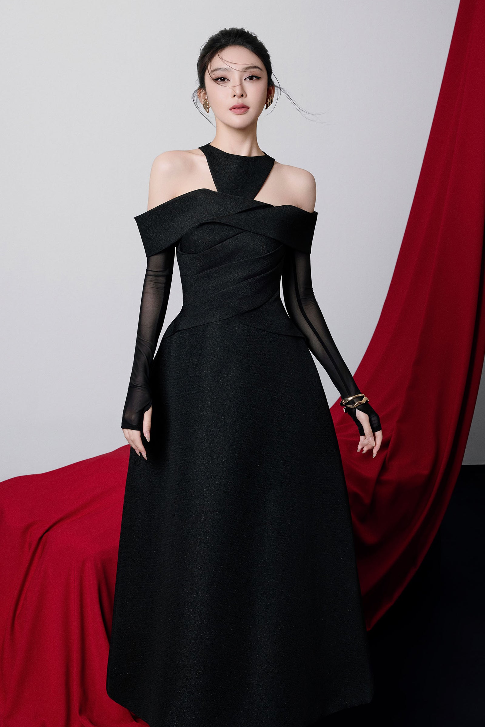 halter drape dress Women's Calla Halter Draped Midi Dress XS/S/M/L/XL/Customize Black MEAN BLVD Black / L