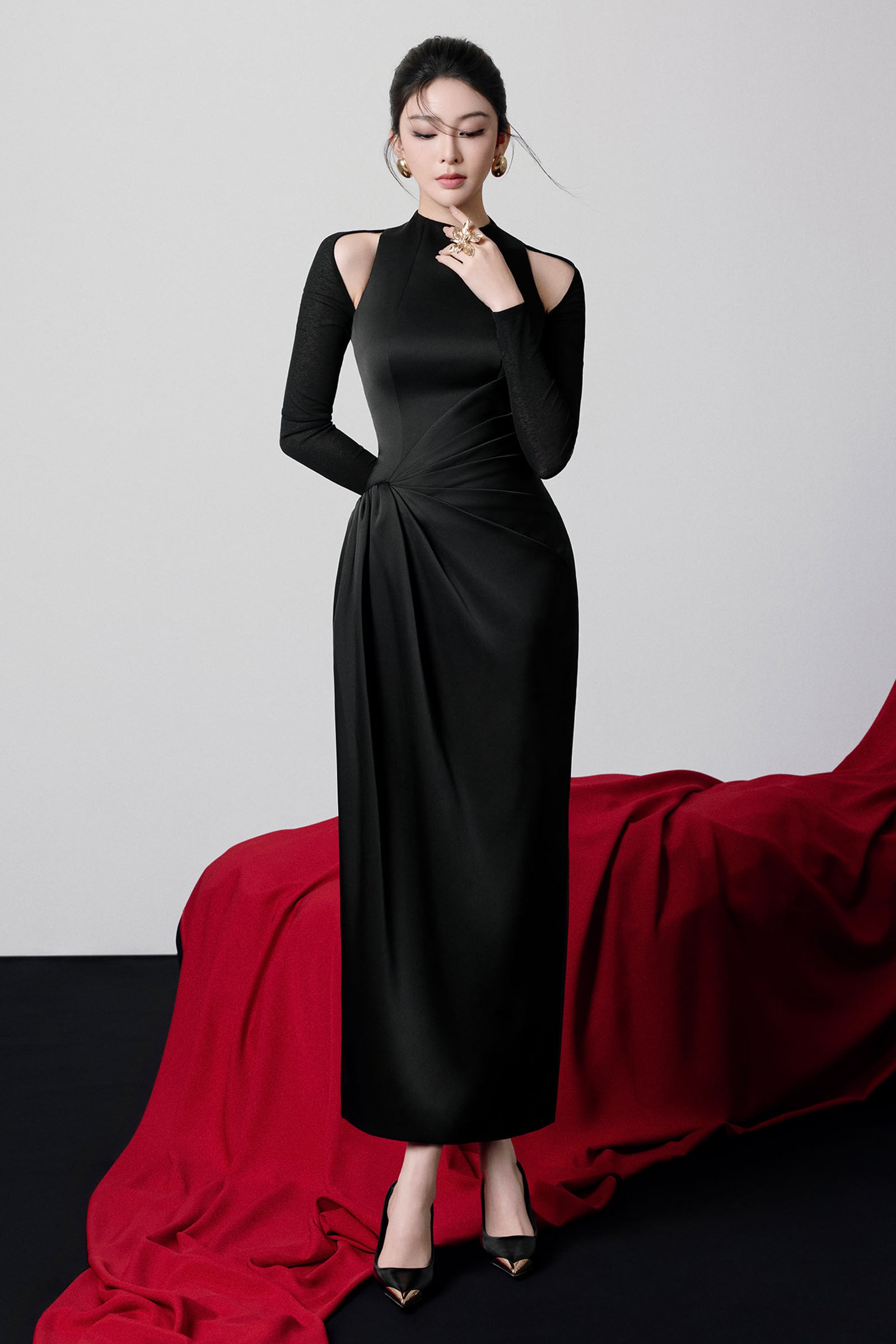 cold shoulder midi dress Women's Allure Cold Shoulder Sleeve Draped Midi Dress XS/S/M/L/XL/Customize  Black MEAN BLVD