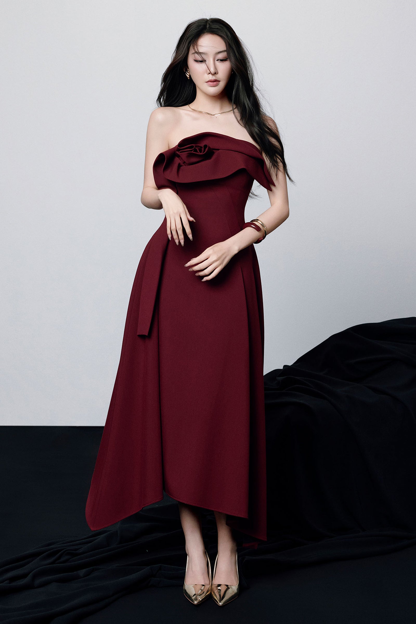 Lenora Straight Across Ruffle Midi Dress