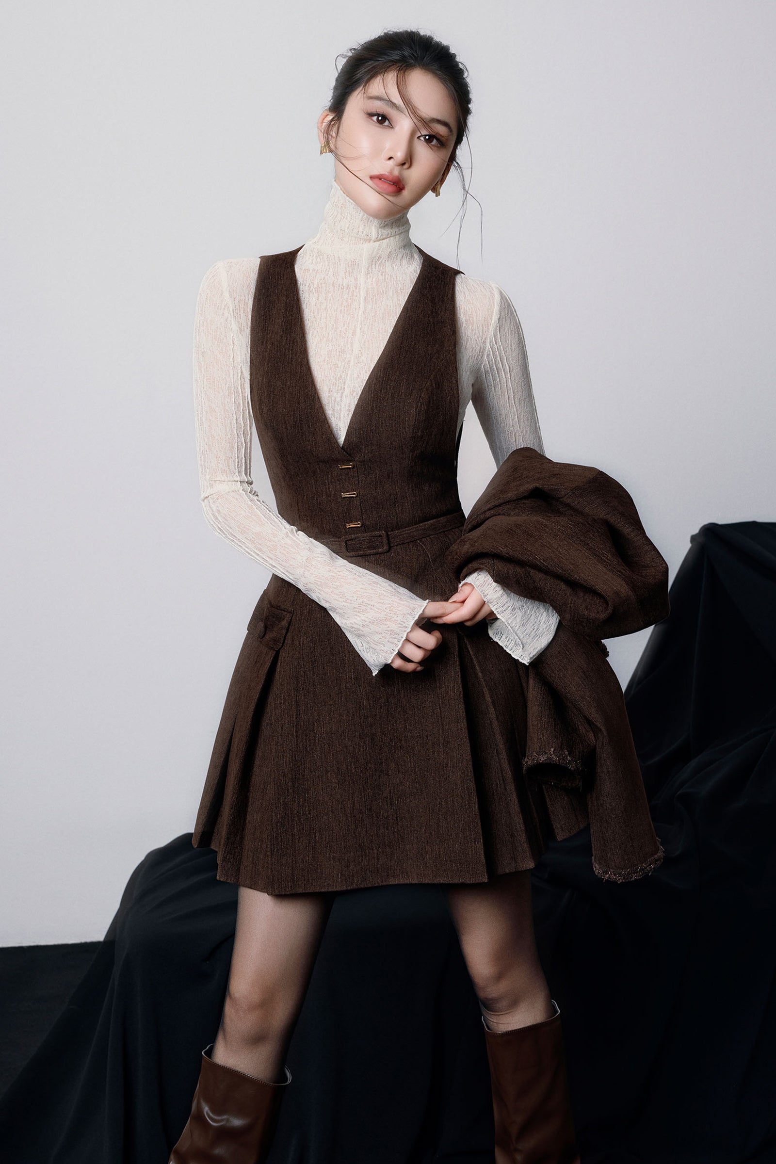 asteria dress Women's Asteria V-Neck Pleated Mini Dress XS/S/M/L/XL/Customize Chicory Coffee MEAN BLVD Chicory Coffee / XS