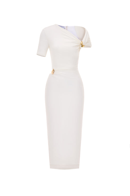 Jade Sheath Asymmetric Neck Viscose Midi Dress