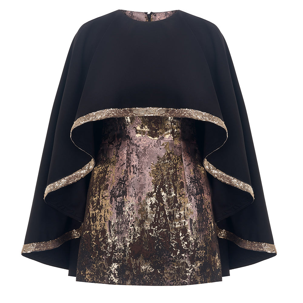 Tinsel Cape Jewel Neck Wool Cotton Mini Dress