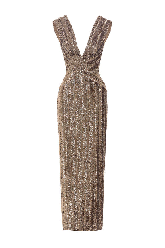 Venusia Pegged Plunge Neck Sequin Ankle Length Dress