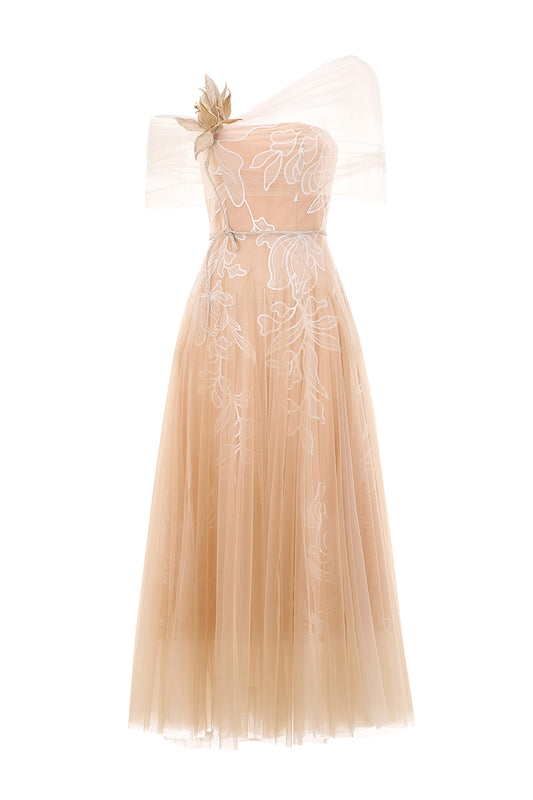 Flyxie Gathered Open Shoulder Lace Midi Dress