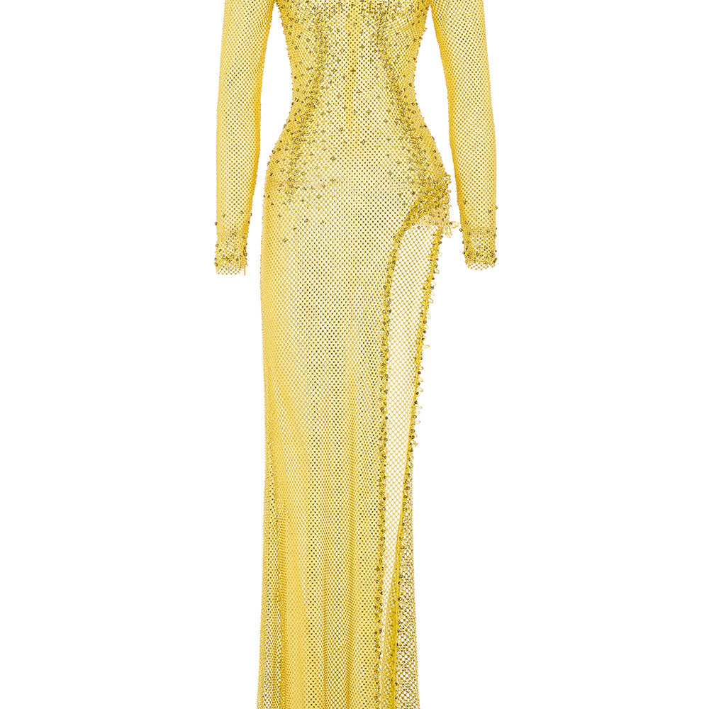 Women's Caitlyn Bodycon Long Sleeved Mesh Maxi Dress Customize Yellow MEAN BLVD Women's Caitlyn Bodycon Long Sleeved Mesh Maxi Dress Customize Yellow MEAN BLVD