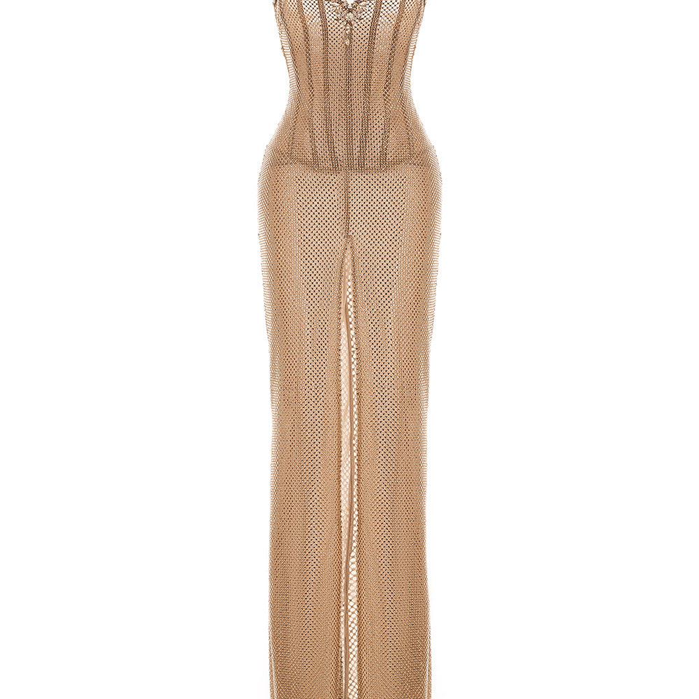 Caroline Slit Stone Mesh Maxi Dress