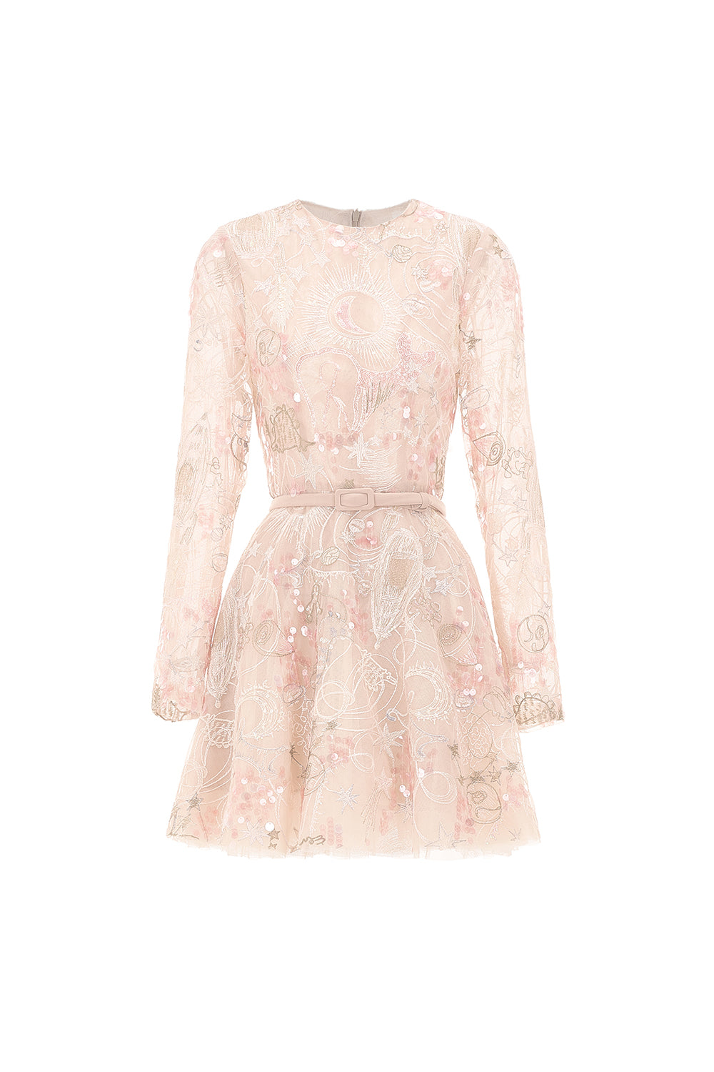 Tidal Whisper Pleated Long Sleeved Embroidered Lace Mini Dress