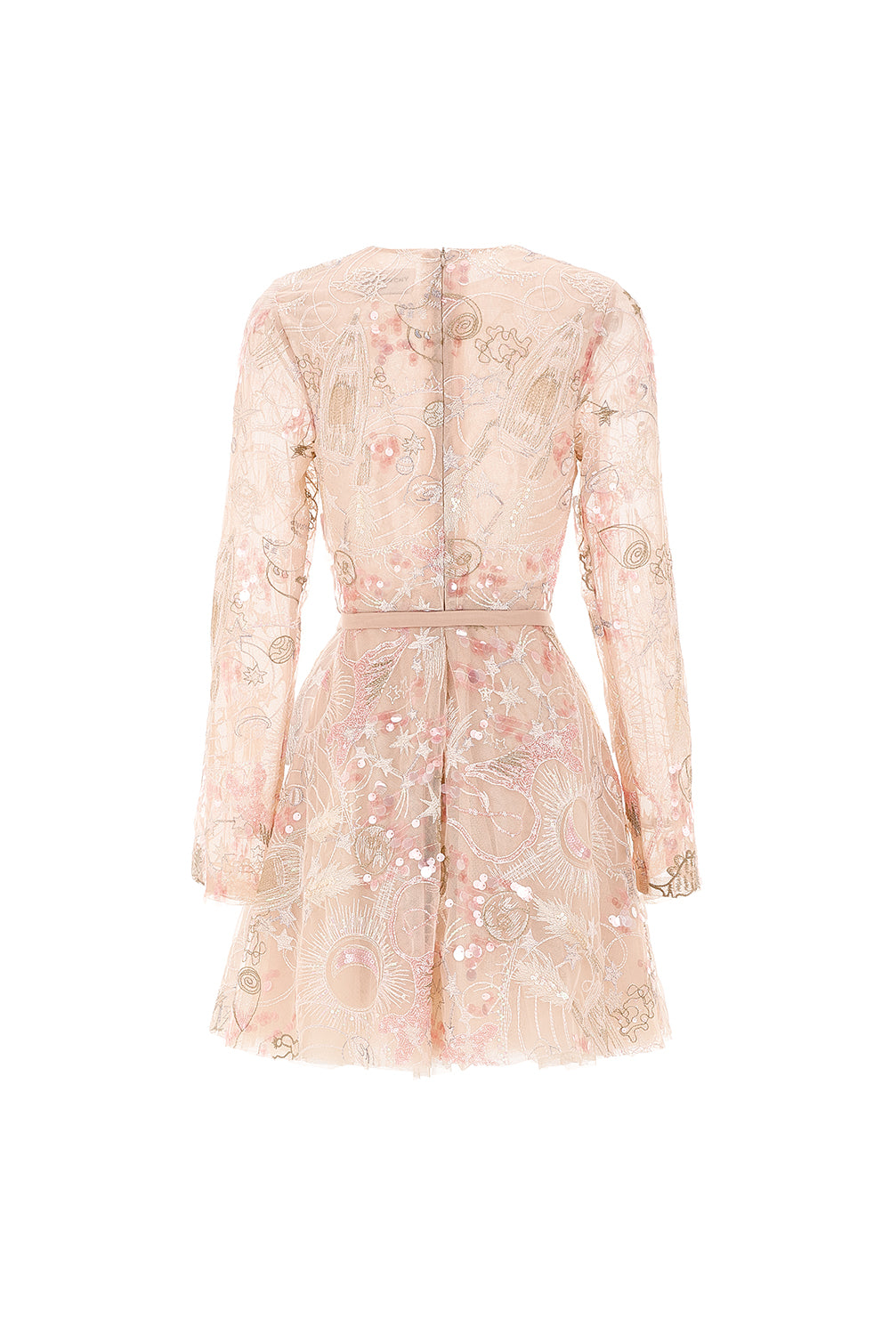 Tidal Whisper Pleated Long Sleeved Embroidered Lace Mini Dress