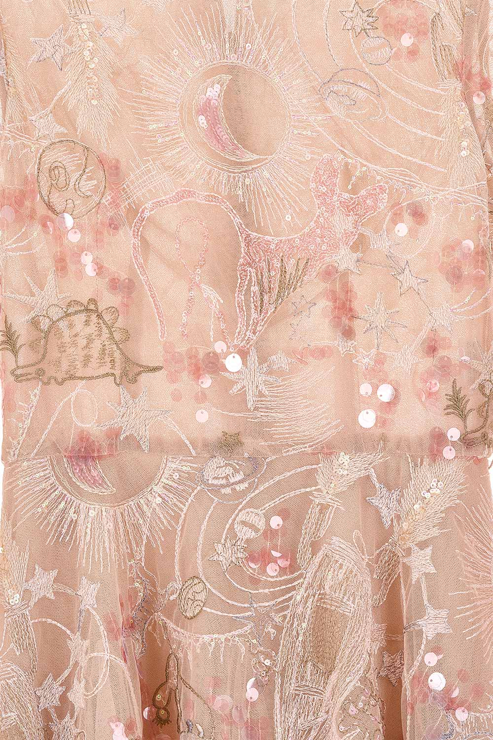 Tidal Whisper Pleated Long Sleeved Embroidered Lace Mini Dress