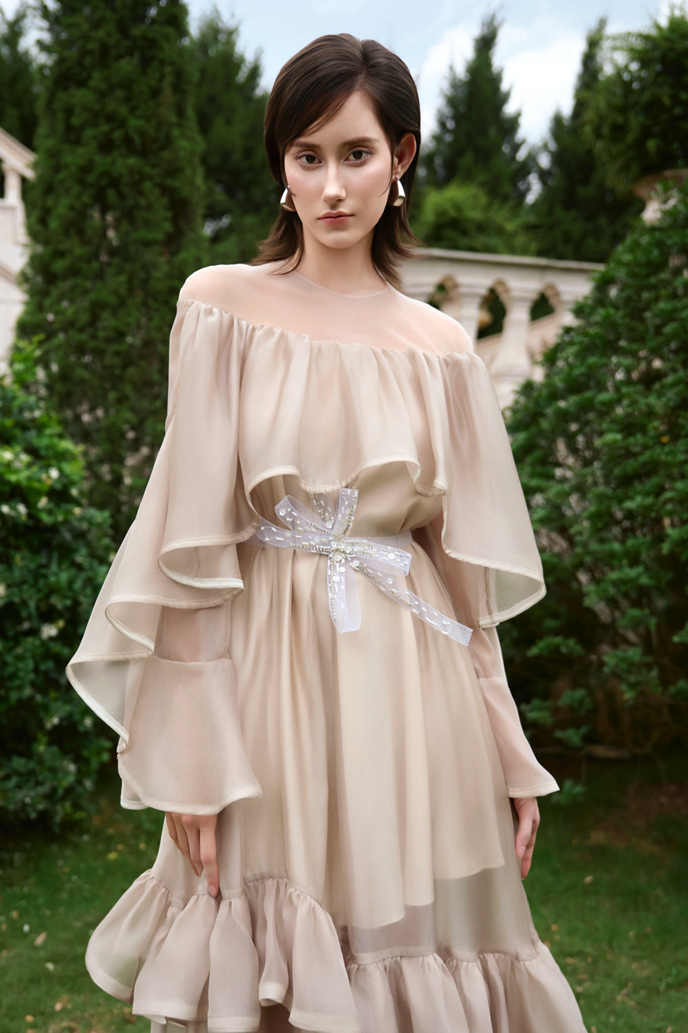 Women's Gemma Illusion Ruffle Maxi Dress XS/S/M/L/XL/Customize Gilded Beige MEAN BLVD Women's Gemma Illusion Ruffle Maxi Dress XS/S/M/L/XL/Customize Gilded Beige MEAN BLVD