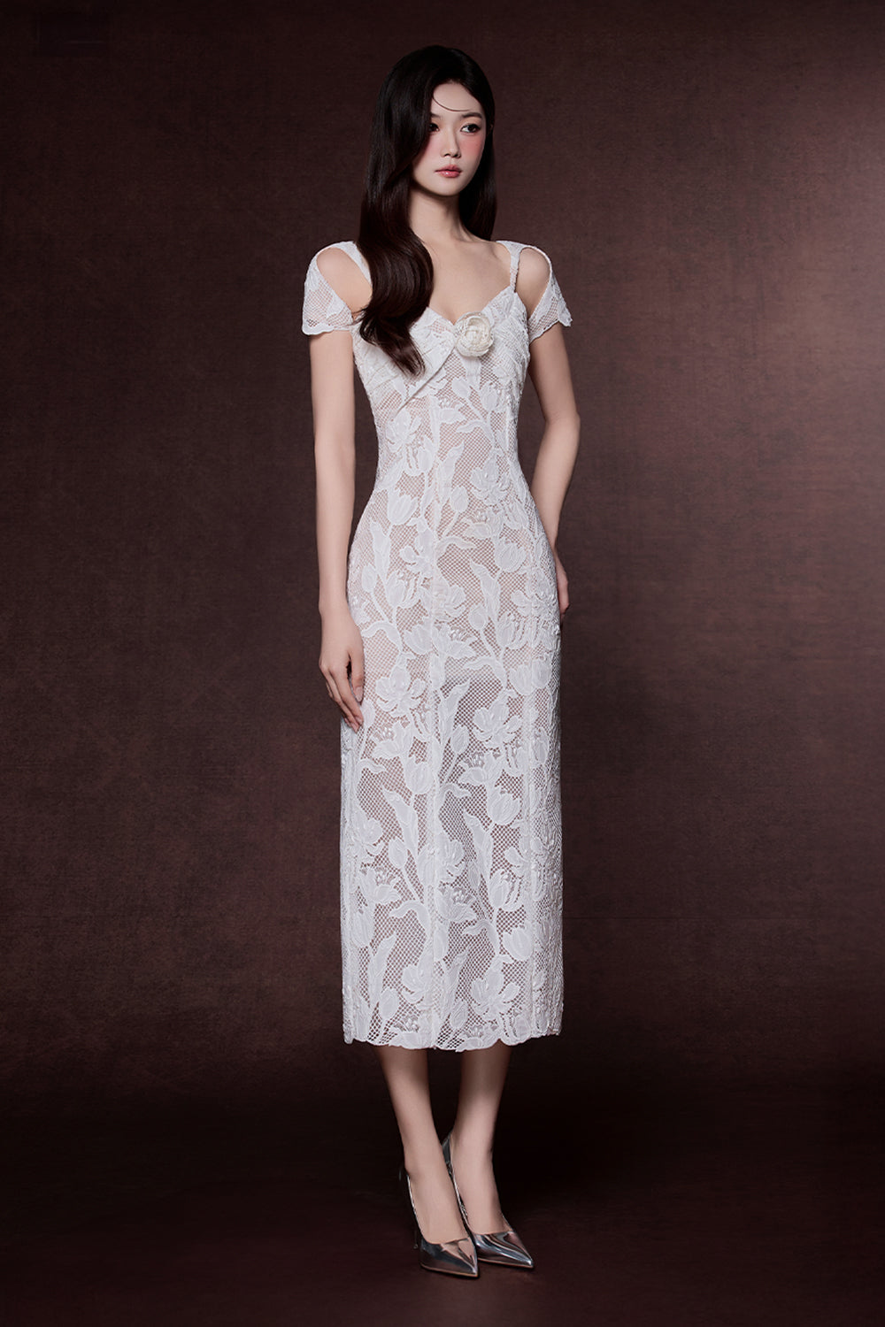 lace applique midi dress ARRANGE - Column Midi Dress - Women - Polyester/Nylon - 0 US