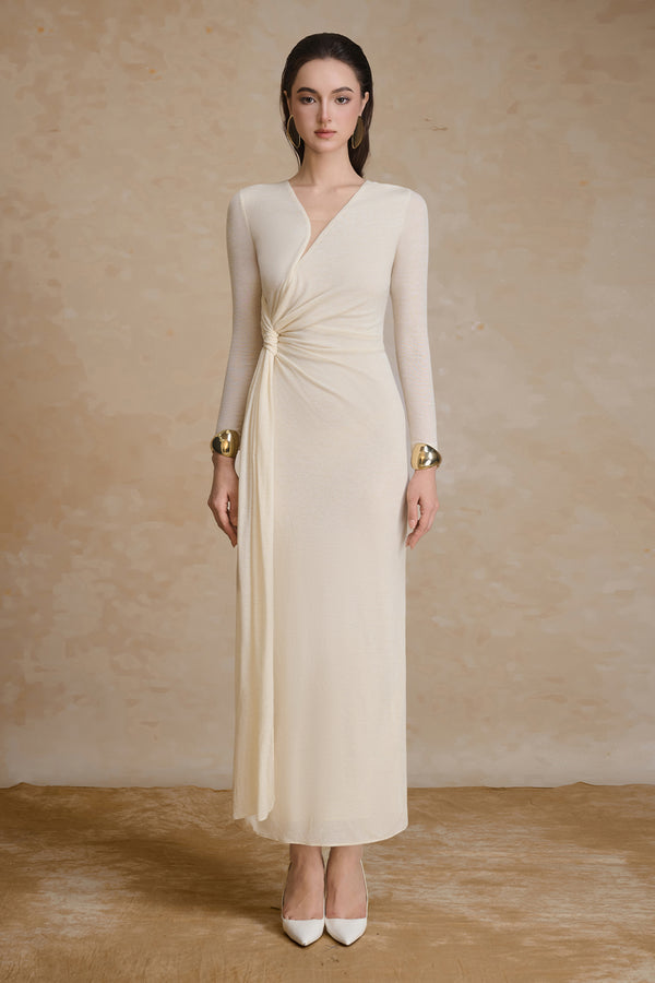Golden V-Neck Draped Maxi Dress - MEAN BLVD