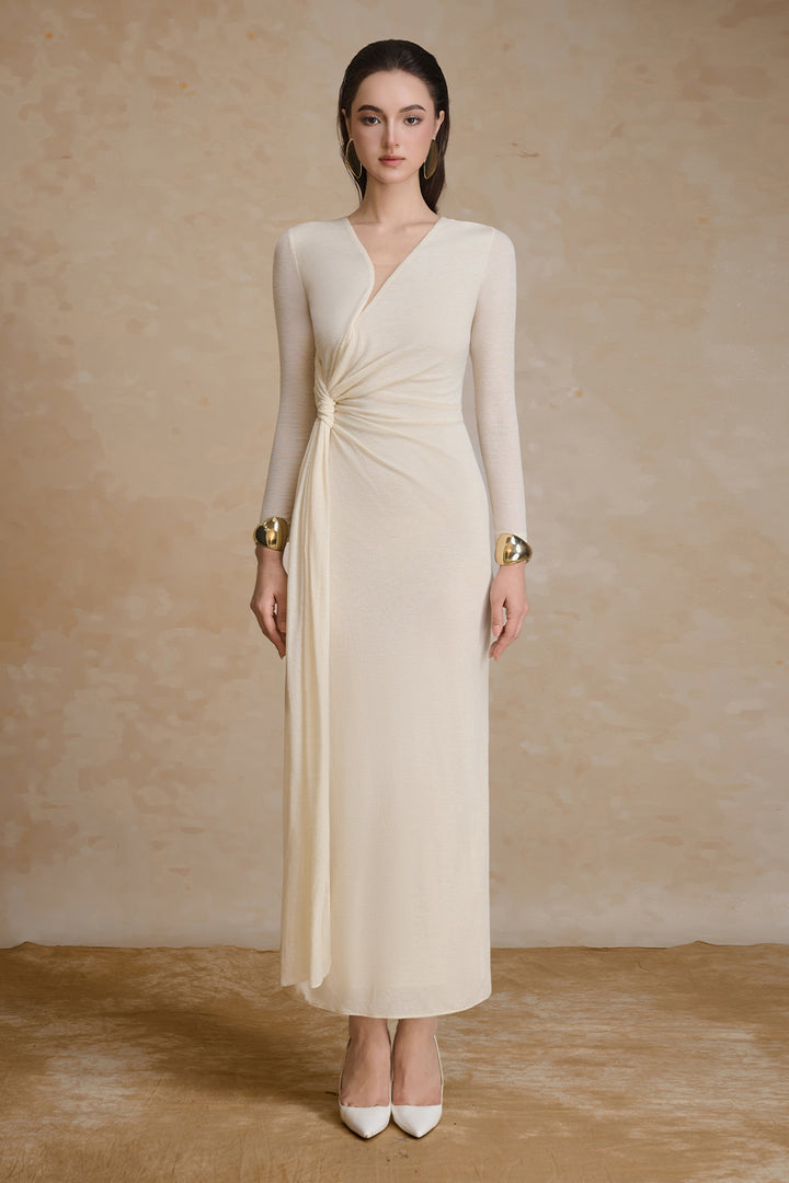 Golden V-Neck Draped Maxi Dress - MEAN BLVD