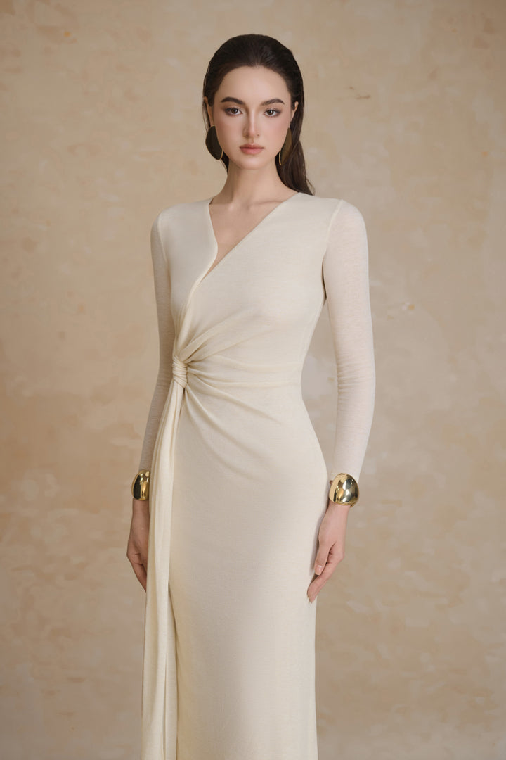 Golden V-Neck Draped Maxi Dress - MEAN BLVD