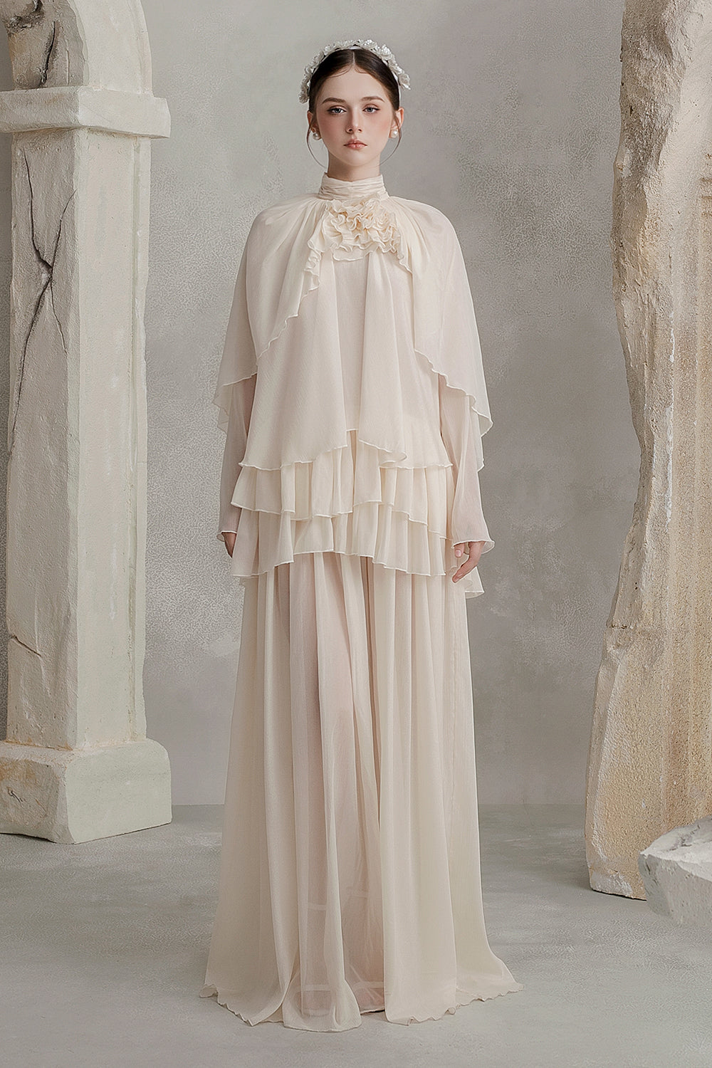 blouson maxi dress with sleeves Women's Grace Blouson Ruffle Maxi Dress 0/1/Freesize Ivory MEAN BLVD Ivory / 0