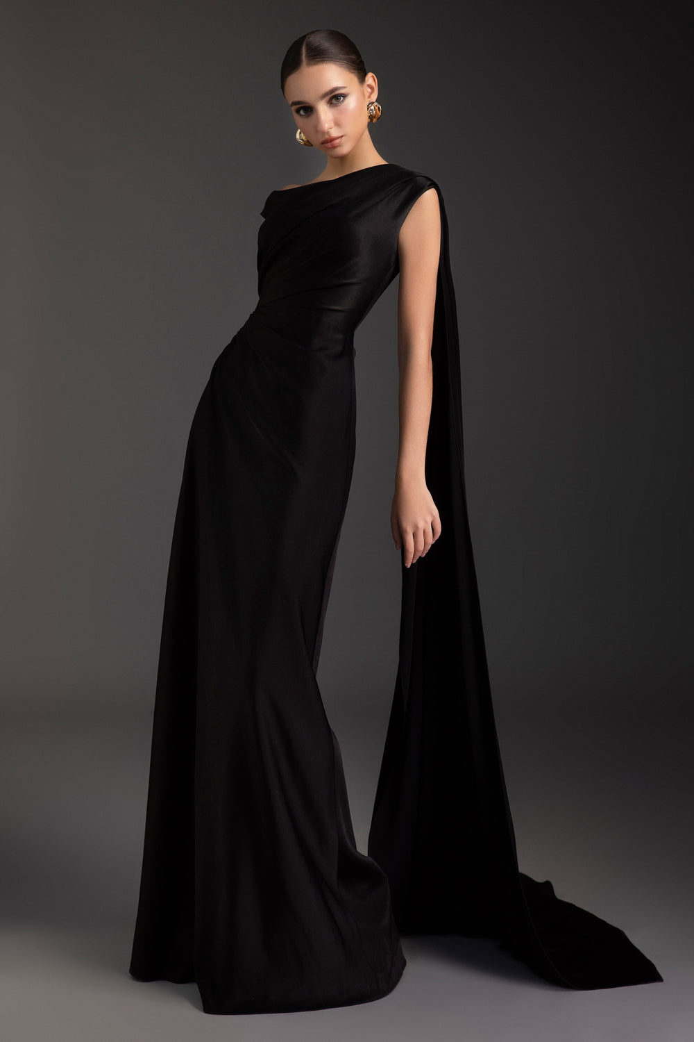 Women's Grecian Asymmetric Neck Draped Maxi Dress Customize Black MEAN BLVD