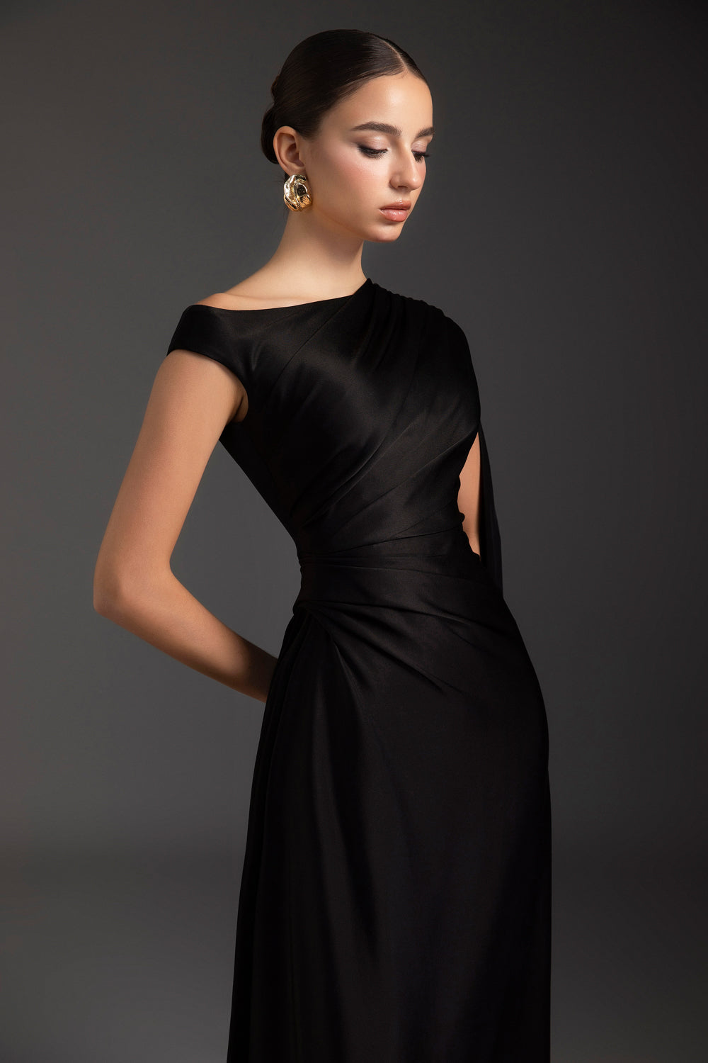 Grecian Asymmetric Neck Draped Maxi Dress - MEAN BLVD