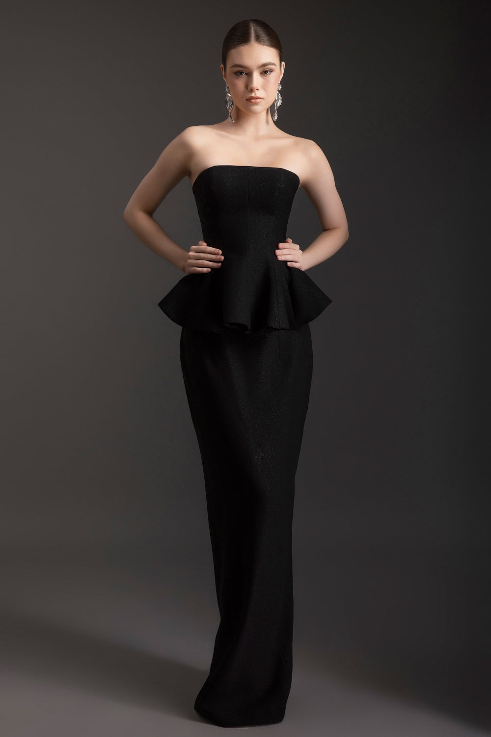crepe peplum dress Ebony Black Satin and Matte Crepe Peplum Dress thebridalgods